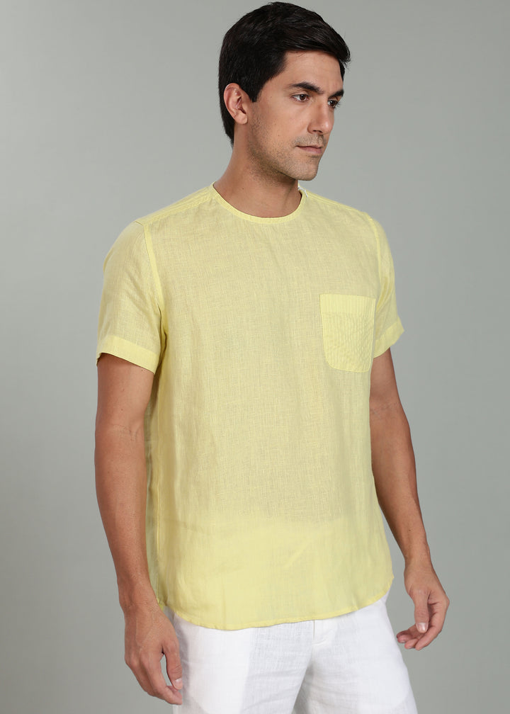Simon - Pure Linen Stitch Detail Short Sleeve T-Shirt - Honeysuckle Yellow