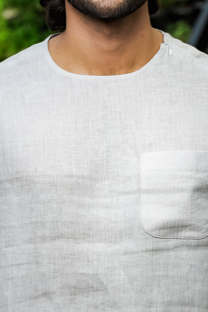 Simon - Pure Linen Stitch Detail Short Sleeve T-Shirt - Light Grey