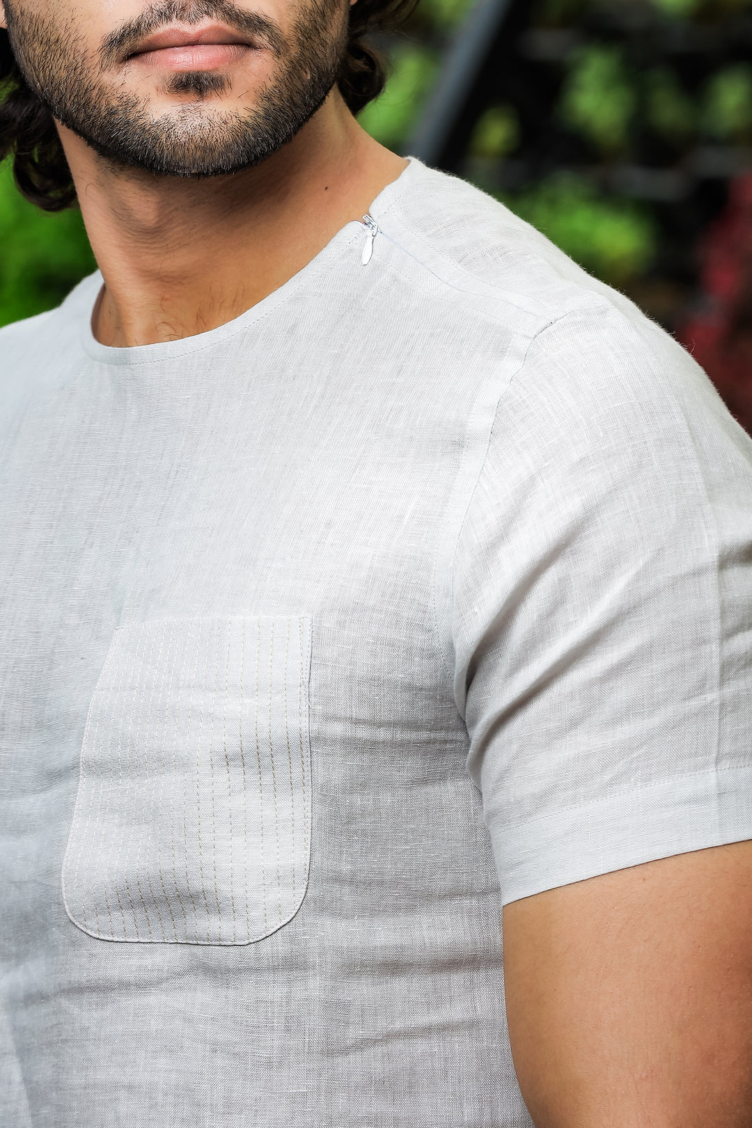 Simon - Pure Linen Stitch Detail Short Sleeve T-Shirt - Light Grey
