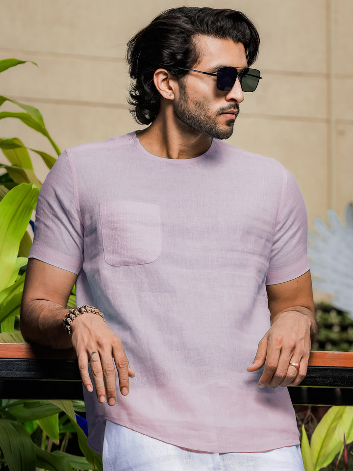 Simon - Pure Linen Stitch Detail Short Sleeve T-Shirt - Pink