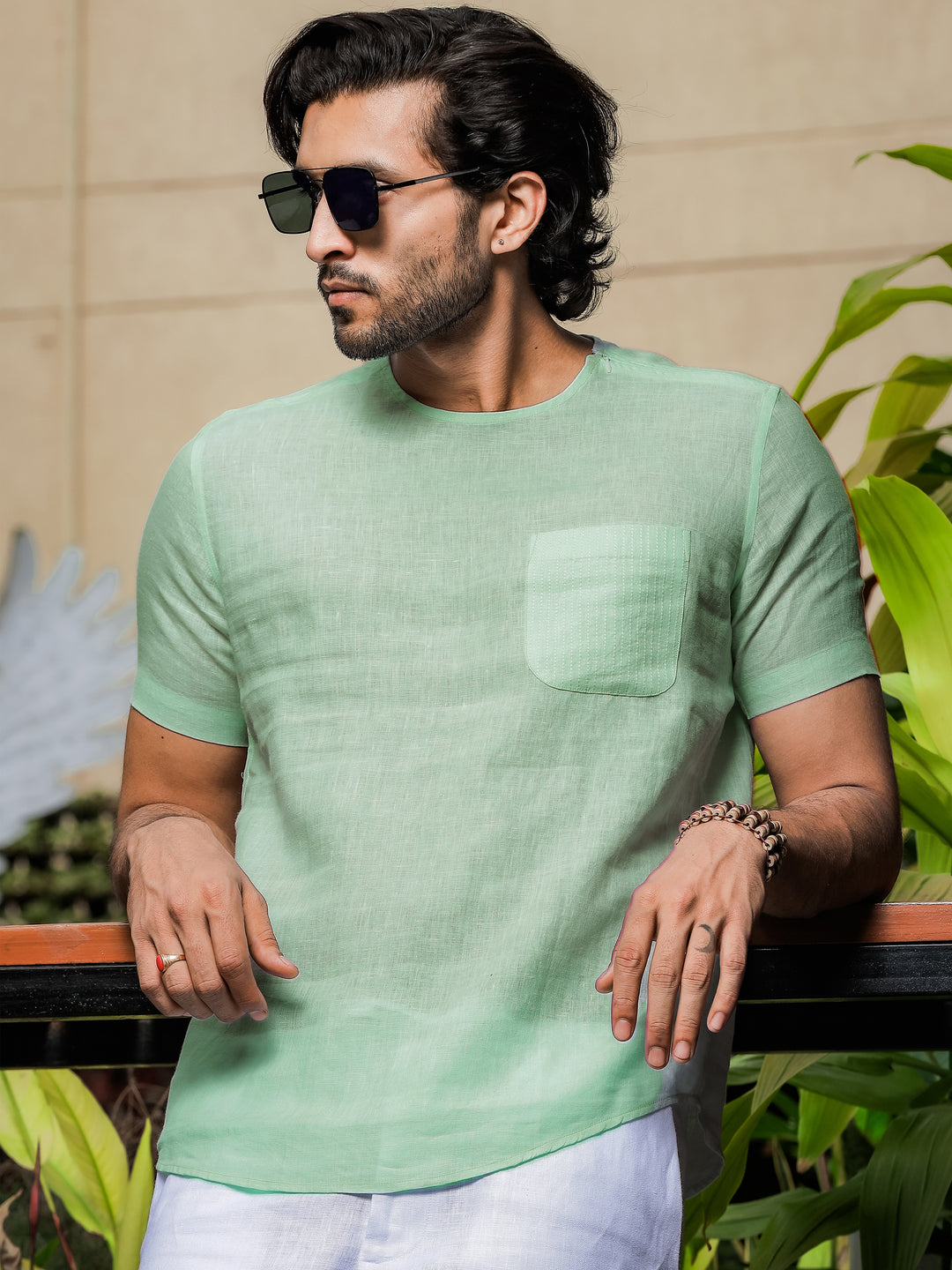 Simon - Pure Linen Stitch Detail Short Sleeve T-Shirt - Mint Green
