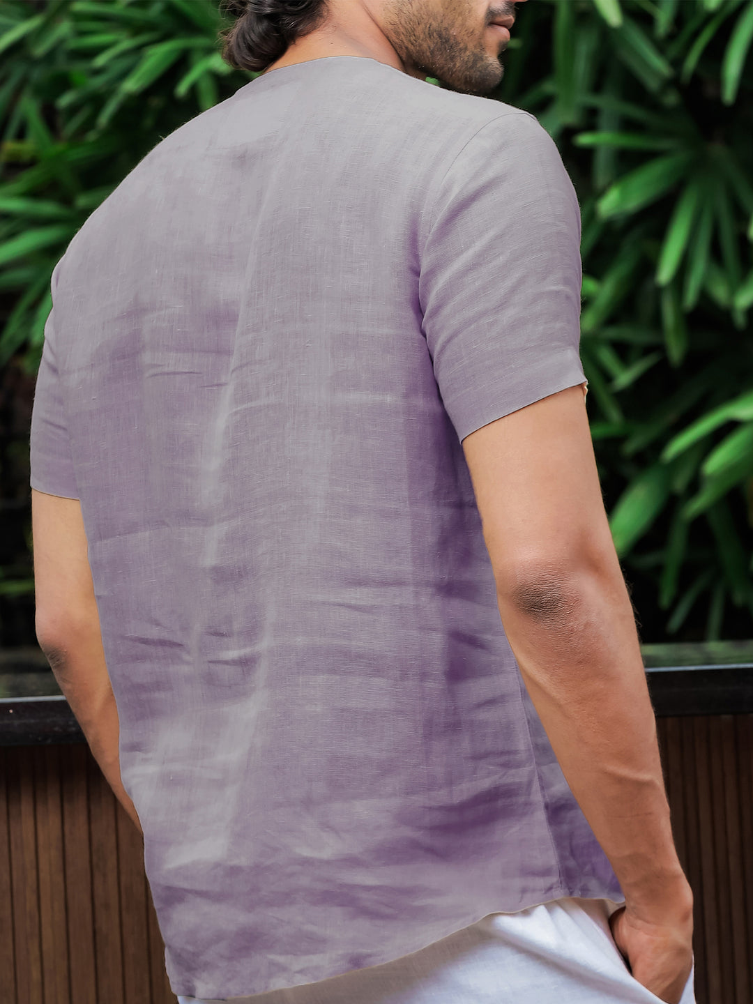 Simon - Pure Linen Stitch Detail Short Sleeve T-Shirt - Misty Lilac