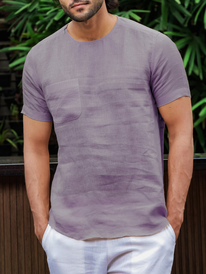 Simon - Pure Linen Stitch Detail Short Sleeve T-Shirt - Misty Lilac
