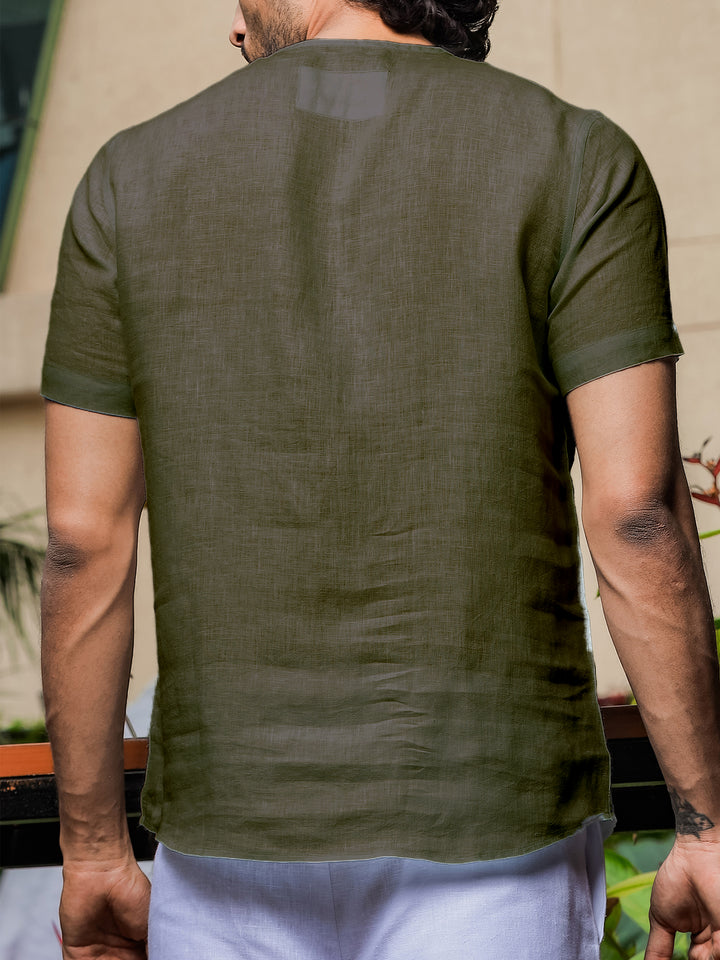 Simon - Pure Linen Stitch Detail Short Sleeve T-Shirt - Moss Green