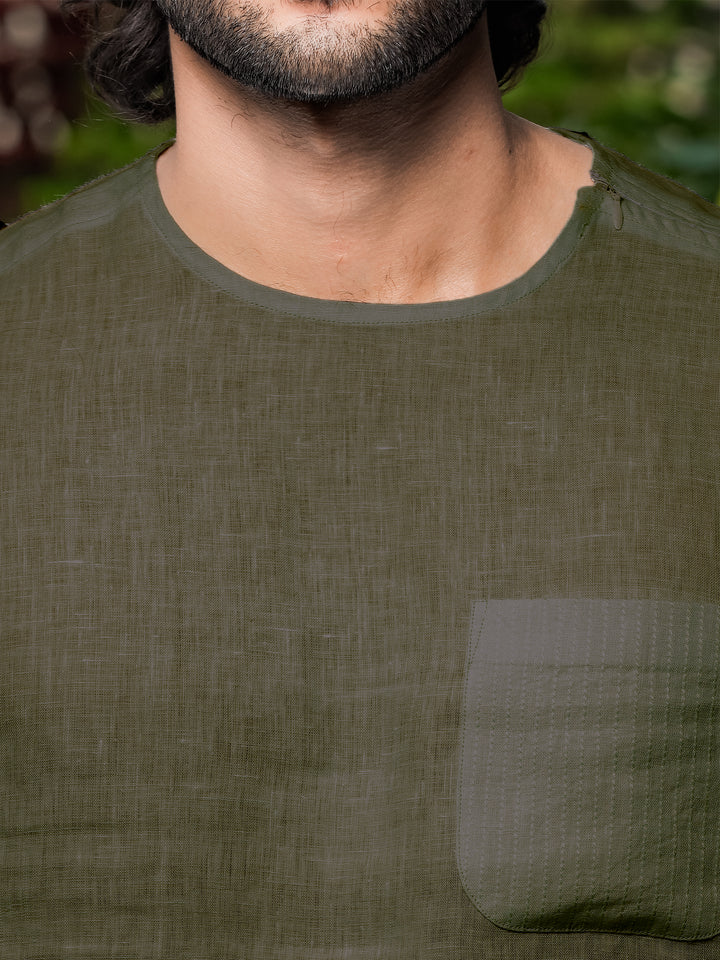 Simon - Pure Linen Stitch Detail Short Sleeve T-Shirt - Moss Green