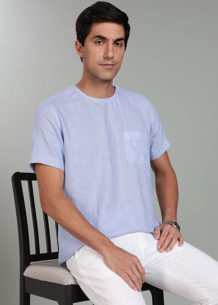 Simon - Pure Linen Stitch Detail Short Sleeve T-Shirt - Periwinkle Blue