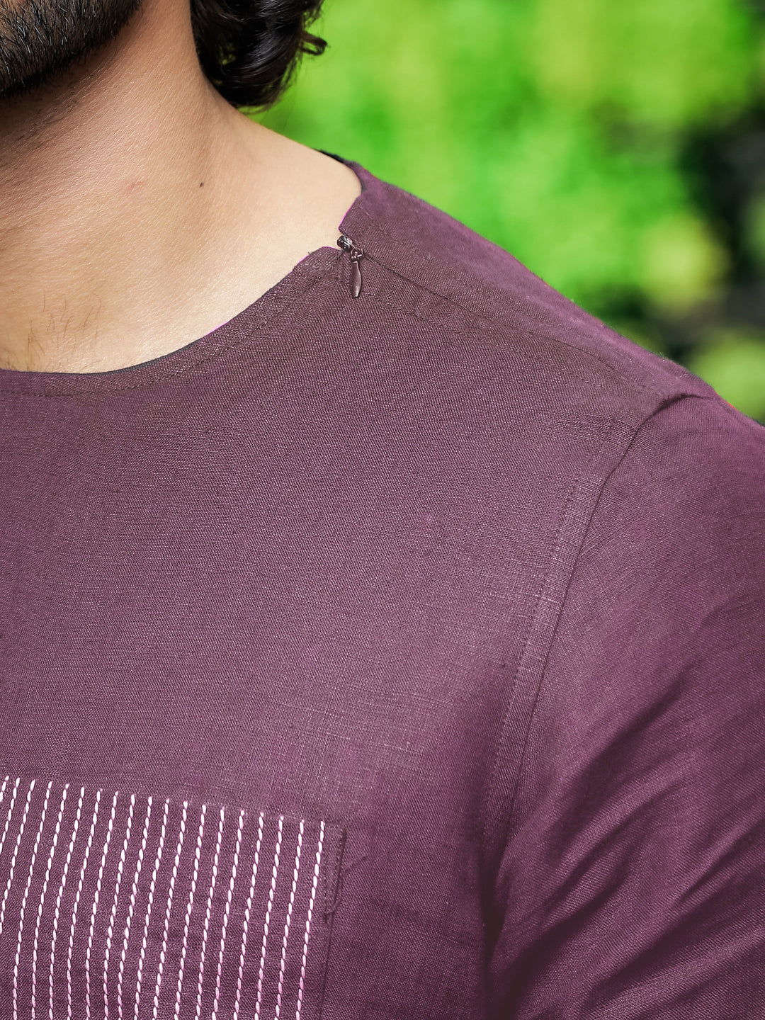 Simon - Pure Linen Stitch Detail Short Sleeve T-Shirt - Twilight Purple