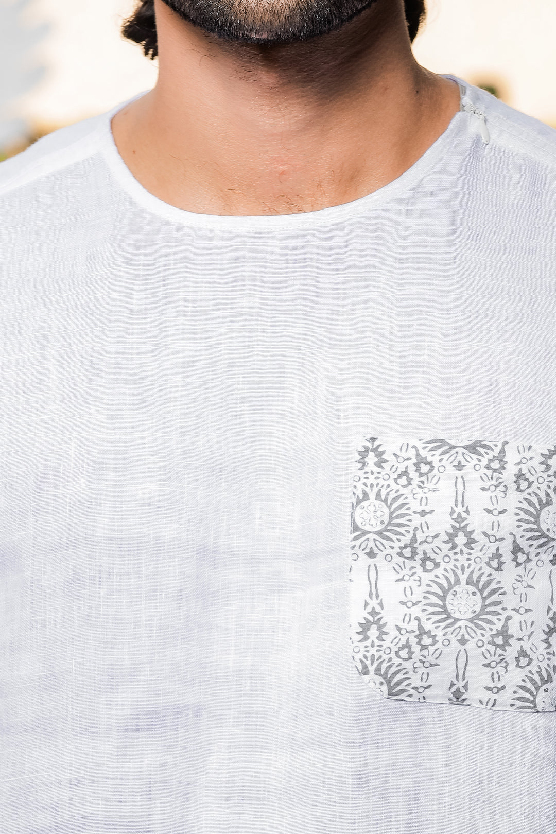 Simon - Pure Linen Block Printed Short Sleeve T-Shirt - White