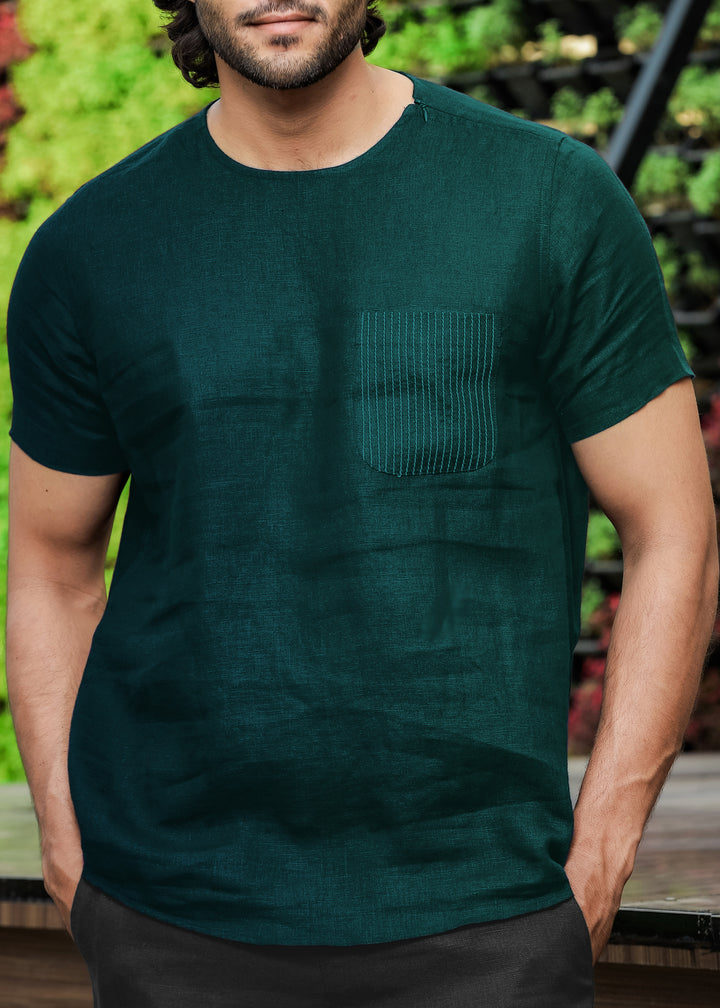 Simon - Pure Linen Stitch Detail Short Sleeve T-Shirt - Dark Pine Green