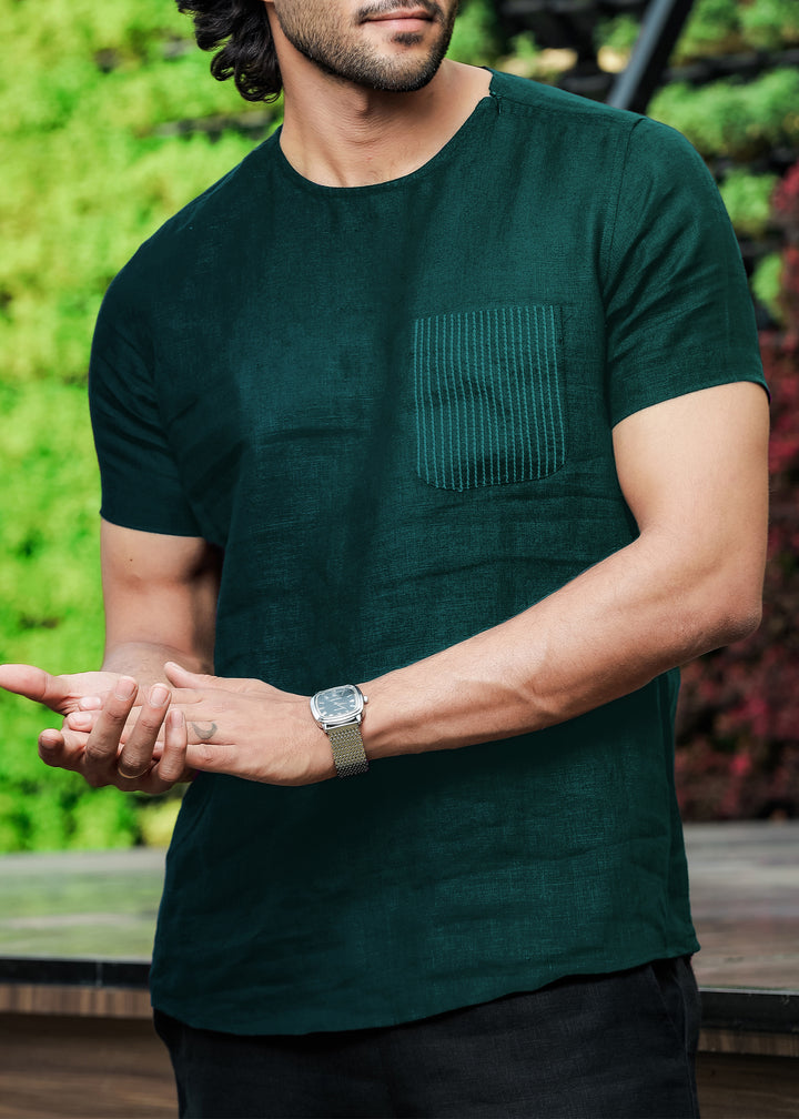 Simon - Pure Linen Stitch Detail Short Sleeve T-Shirt - Dark Pine Green