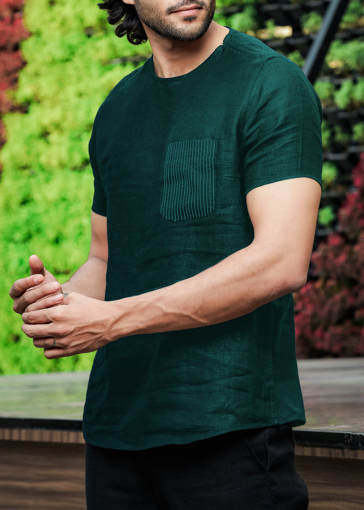 Simon - Pure Linen Stitch Detail Short Sleeve T-Shirt - Dark Pine Green