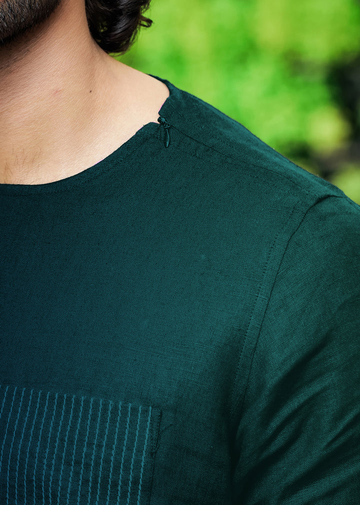 Simon - Pure Linen Stitch Detail Short Sleeve T-Shirt - Dark Pine Green