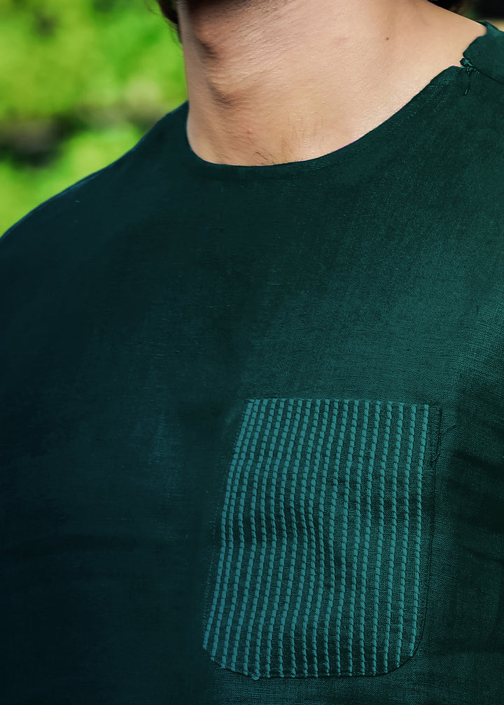 Simon - Pure Linen Stitch Detail Short Sleeve T-Shirt - Dark Pine Green