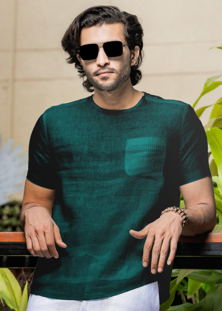 Simon - Pure Linen Stitch Detail Short Sleeve T-Shirt - Dark Pine Green