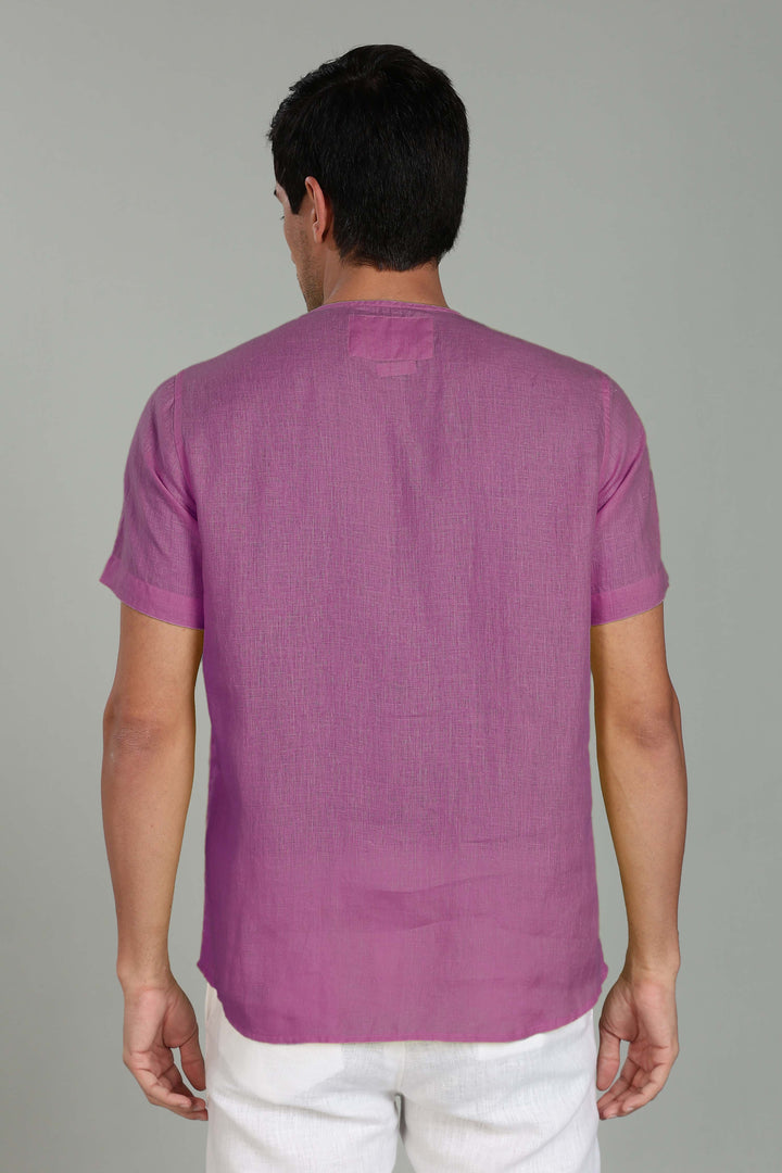 Simon - Pure Linen Stitch Detail Short Sleeve T-Shirt - Berry Purple
