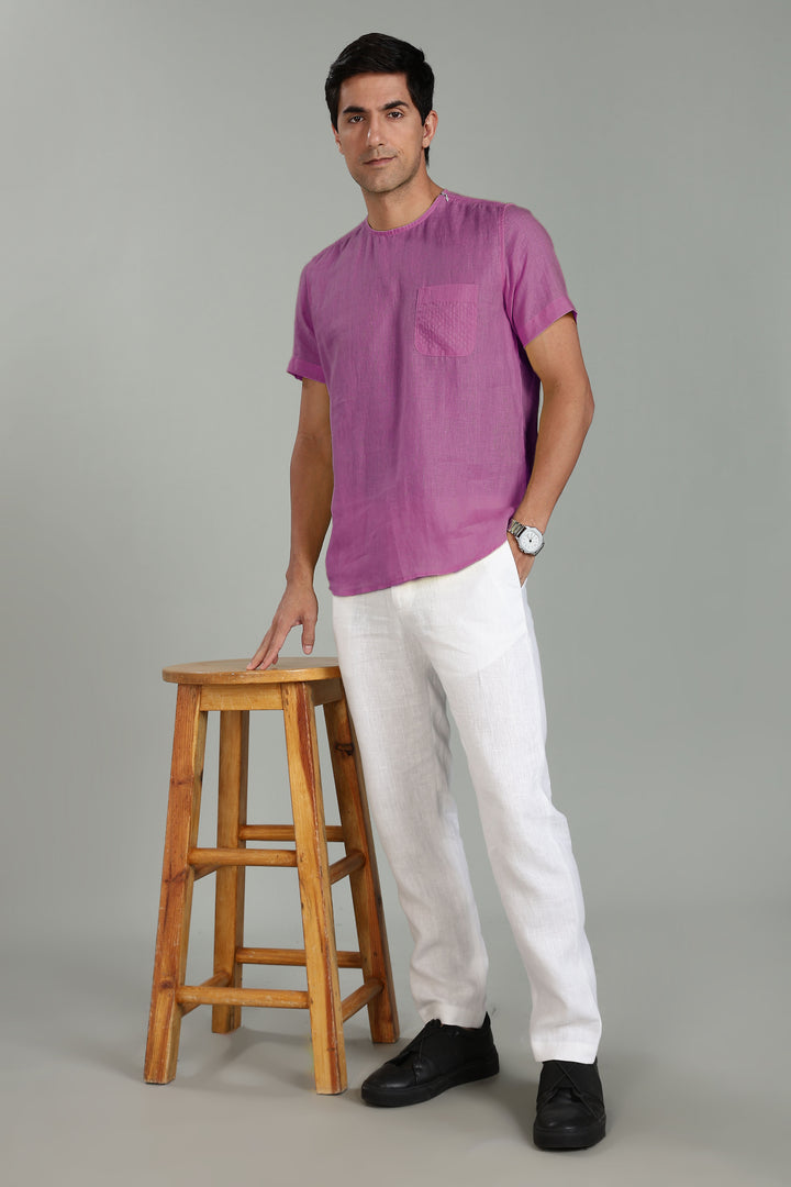 Simon - Pure Linen Stitch Detail Short Sleeve T-Shirt - Berry Purple