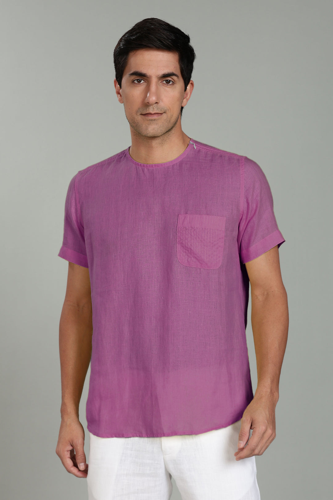 Simon - Pure Linen Stitch Detail Short Sleeve T-Shirt - Berry Purple