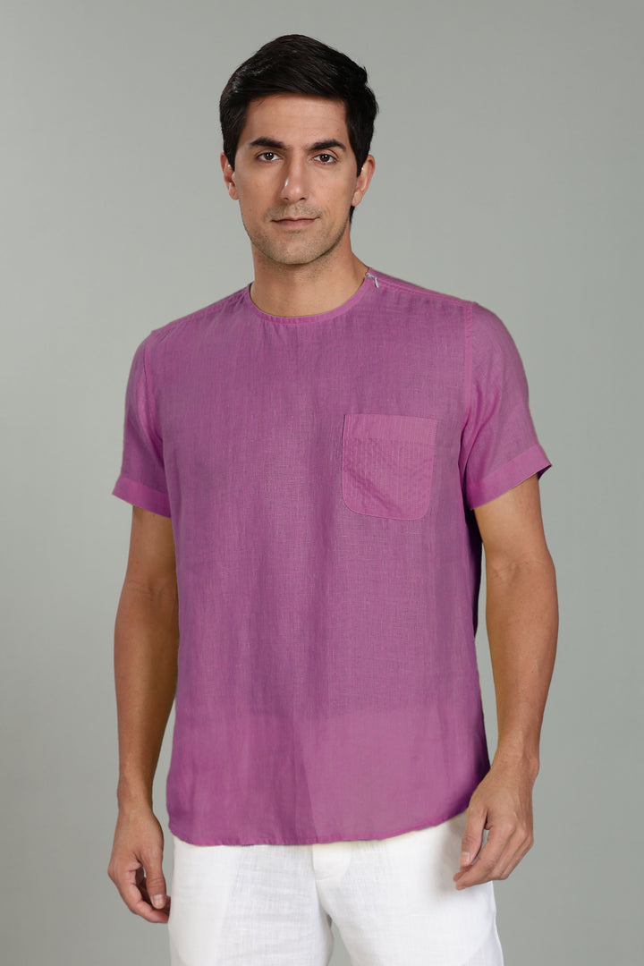 Simon - Pure Linen Stitch Detail Short Sleeve T-Shirt - Berry Purple