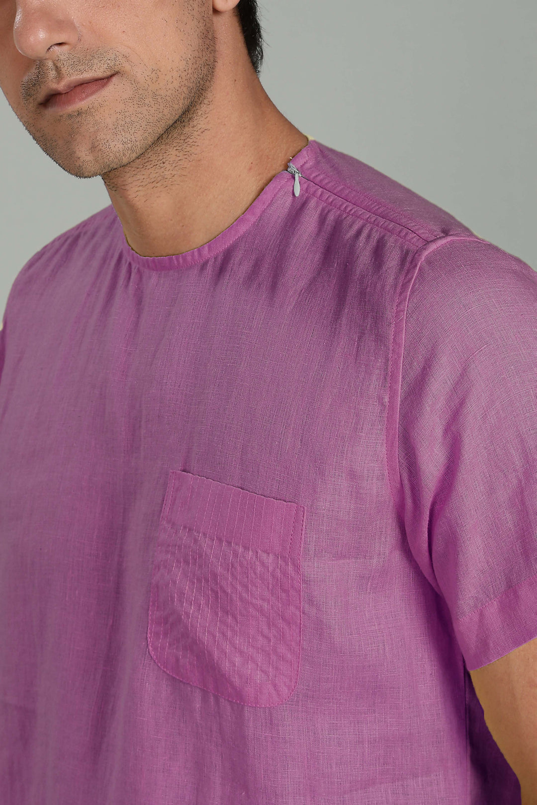Simon - Pure Linen Stitch Detail Short Sleeve T-Shirt - Berry Purple