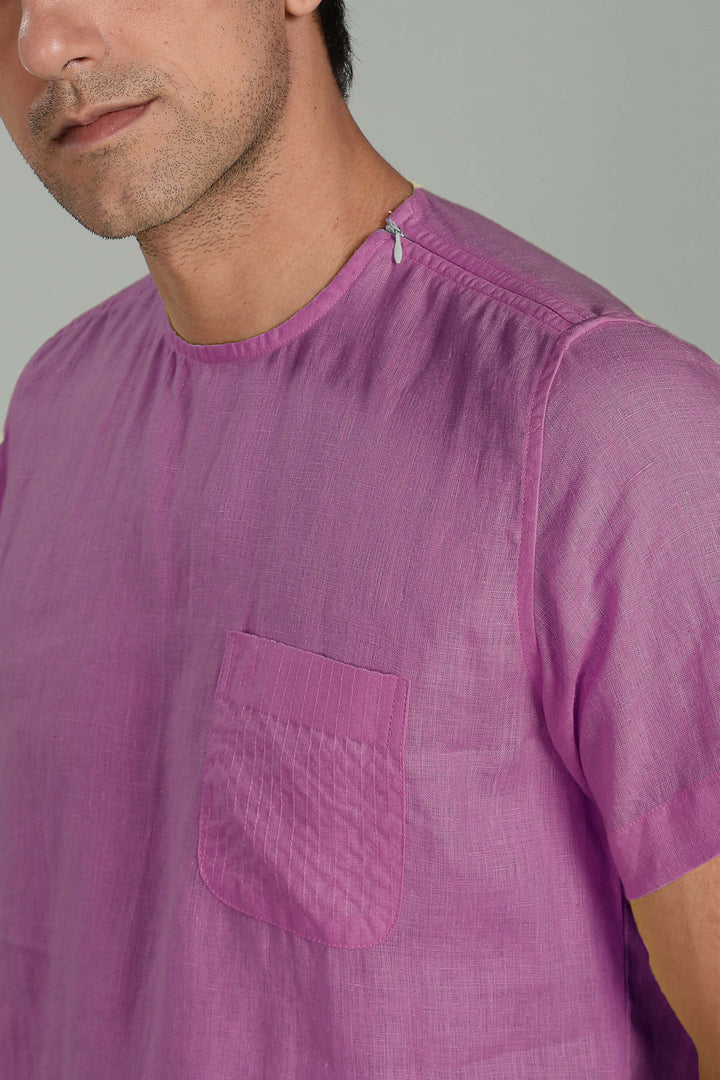 Simon - Pure Linen Stitch Detail Short Sleeve T-Shirt - Berry Purple