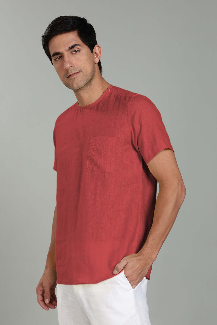 Simon - Pure Linen Stitch Detail Short Sleeve T-Shirt - Terracotta Red