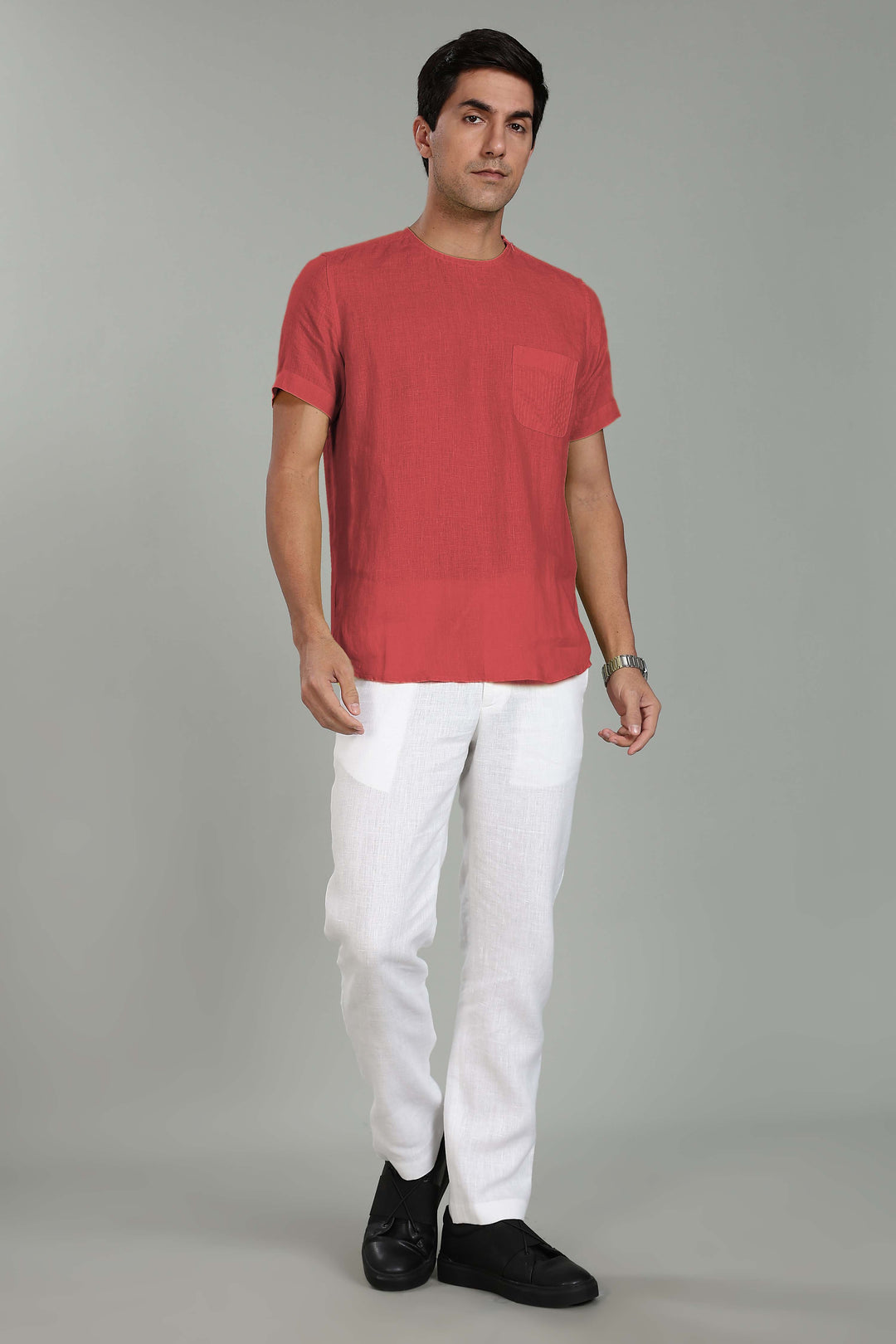 Simon - Pure Linen Stitch Detail Short Sleeve T-Shirt - Terracotta Red