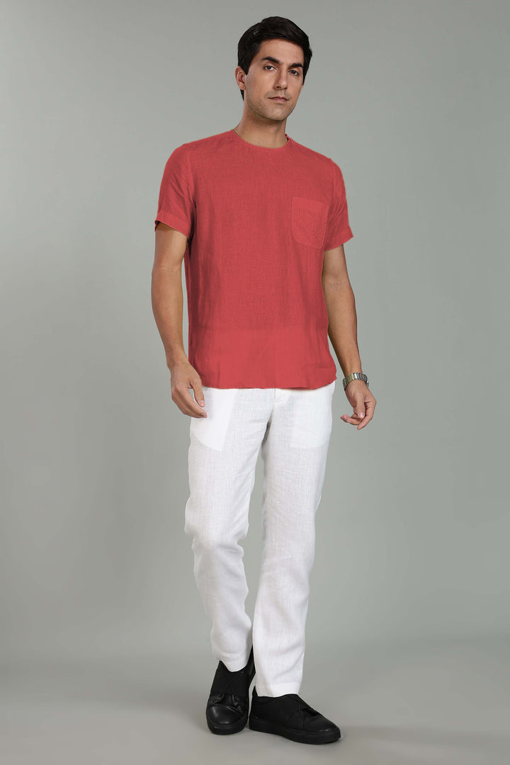 Simon - Pure Linen Stitch Detail Short Sleeve T-Shirt - Terracotta Red