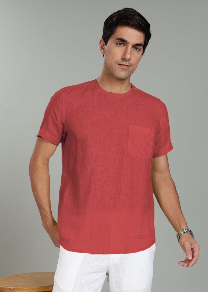 Simon - Pure Linen Stitch Detail Short Sleeve T-Shirt - Terracotta Red