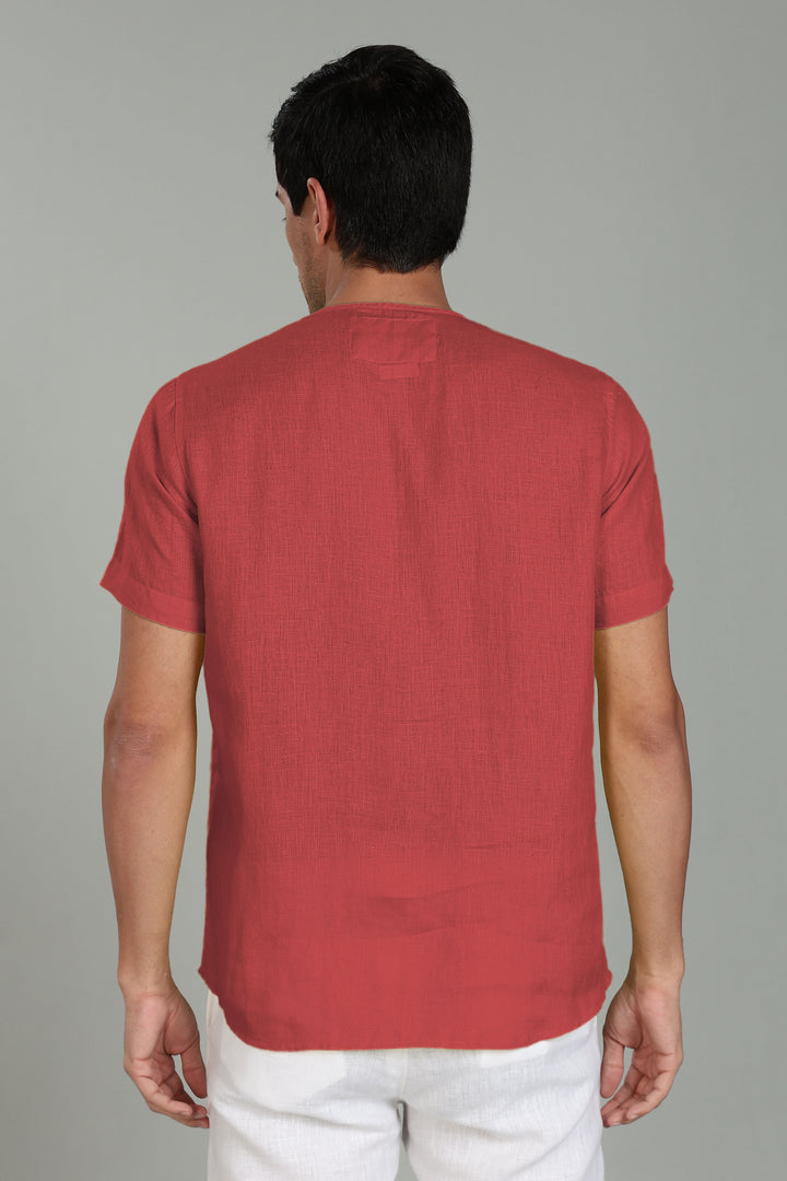 Simon - Pure Linen Stitch Detail Short Sleeve T-Shirt - Terracotta Red