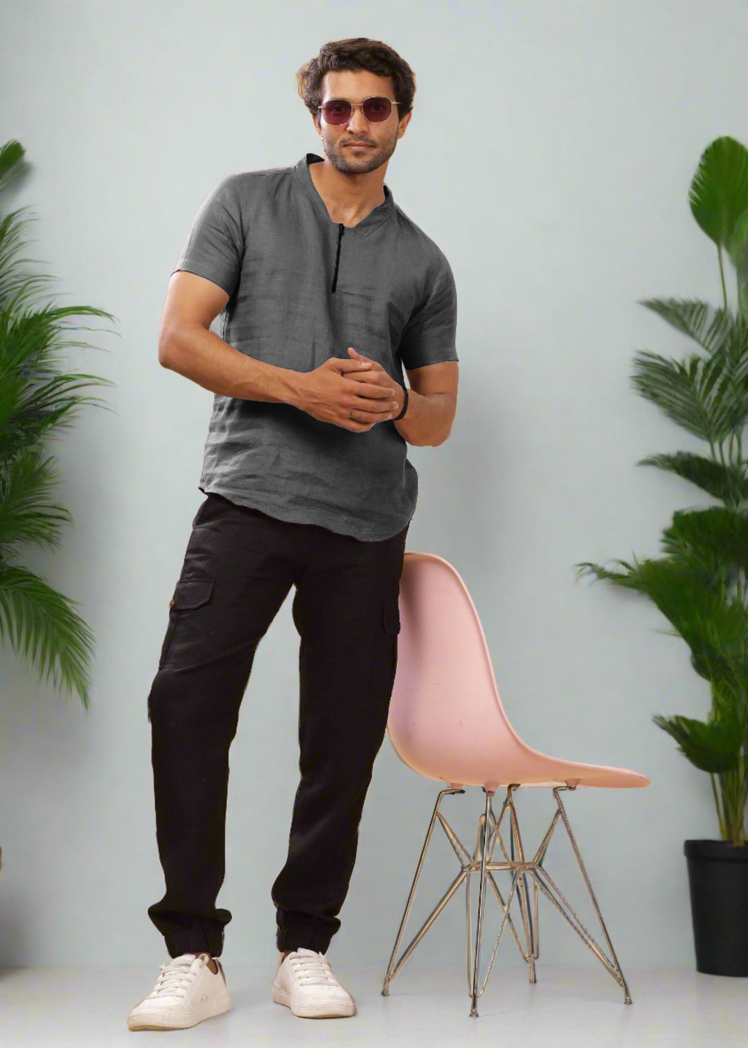 Sol 100% Pure Linen Short Sleeve Shirt in Charcoal Grey with Round Collar crafted in 60 LEA