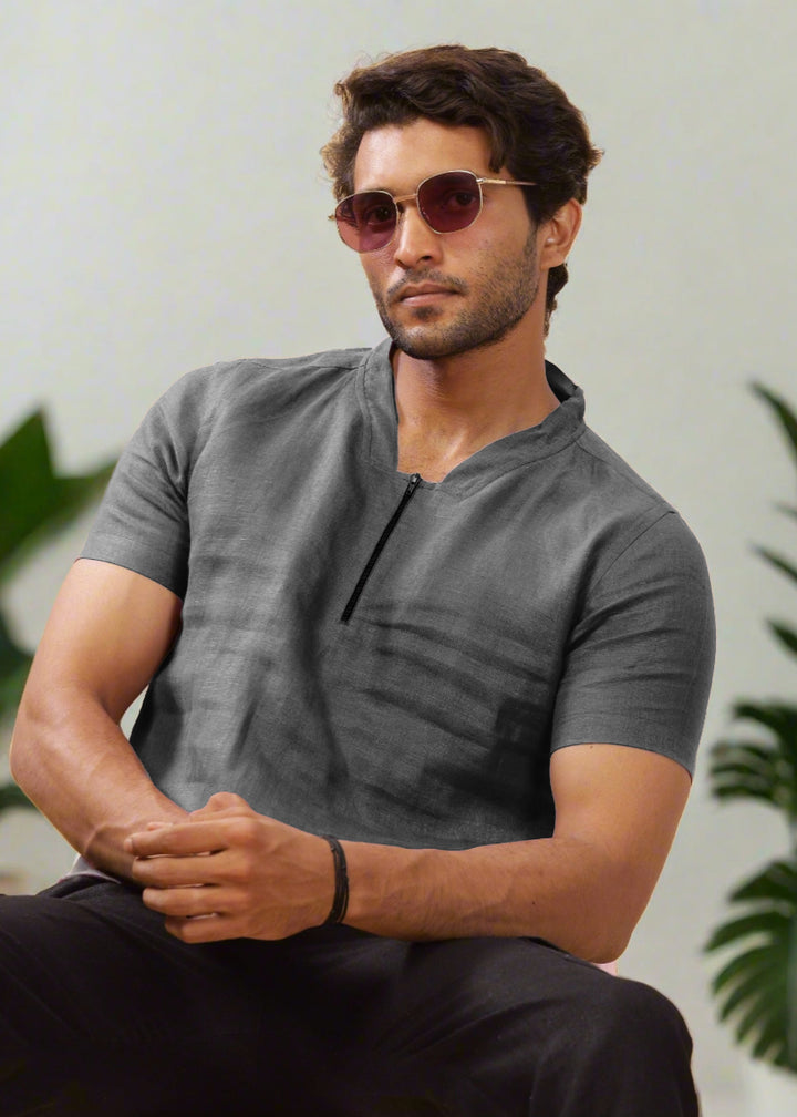 Sol 100% Pure Linen Short Sleeve Shirt in Charcoal Grey with Round Collar crafted in 60 LEA