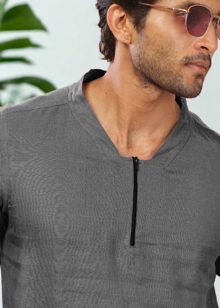 Sol 100% Pure Linen Short Sleeve Shirt in Charcoal Grey with Round Collar crafted in 60 LEA