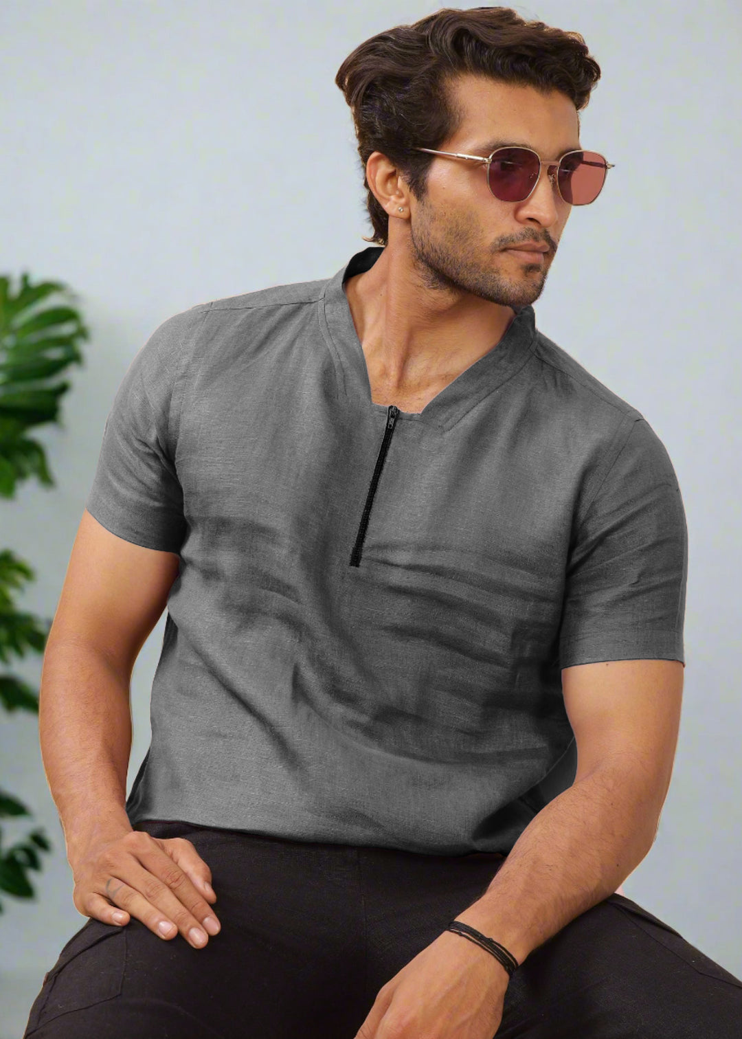 Sol 100% Pure Linen Short Sleeve Shirt in Charcoal Grey with Round Collar crafted in 60 LEA