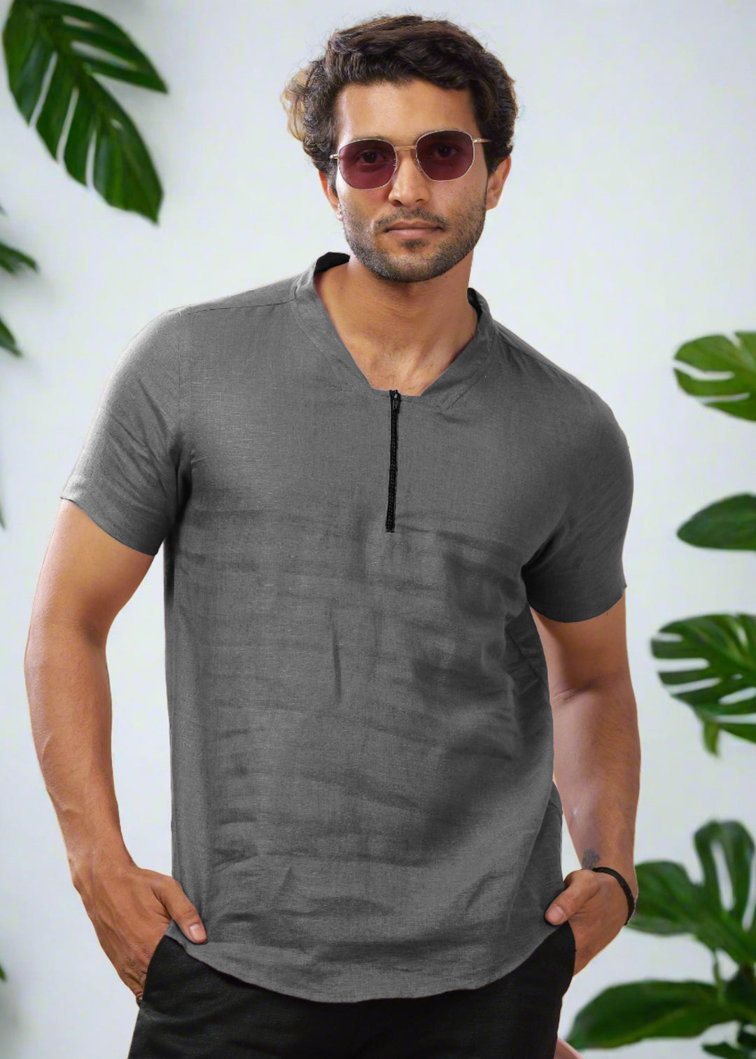 Sol 100% Pure Linen Short Sleeve Shirt in Charcoal Grey with Round Collar crafted in 60 LEA