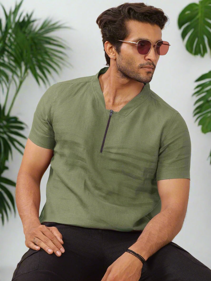 Sol - Pure Linen Short Sleeve T-Shirt - Olive Green