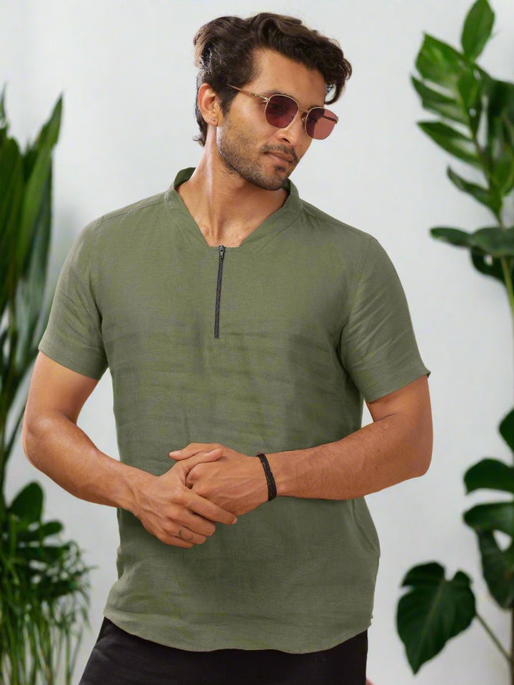 Sol - Pure Linen Short Sleeve T-Shirt - Olive Green