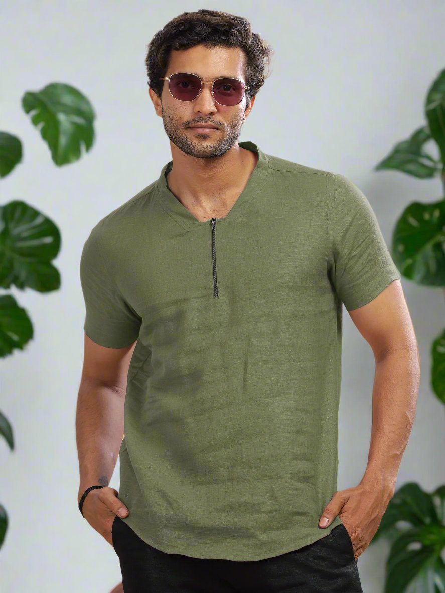 Sol - Pure Linen Short Sleeve T-Shirt - Olive Green