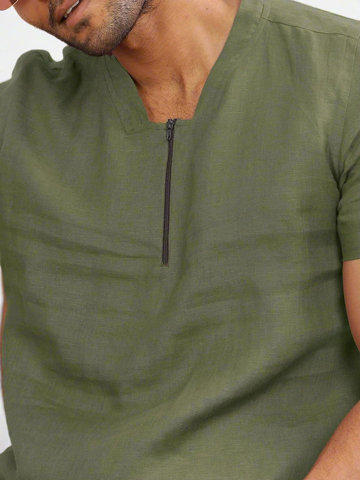 Sol - Pure Linen Short Sleeve T-Shirt - Olive Green