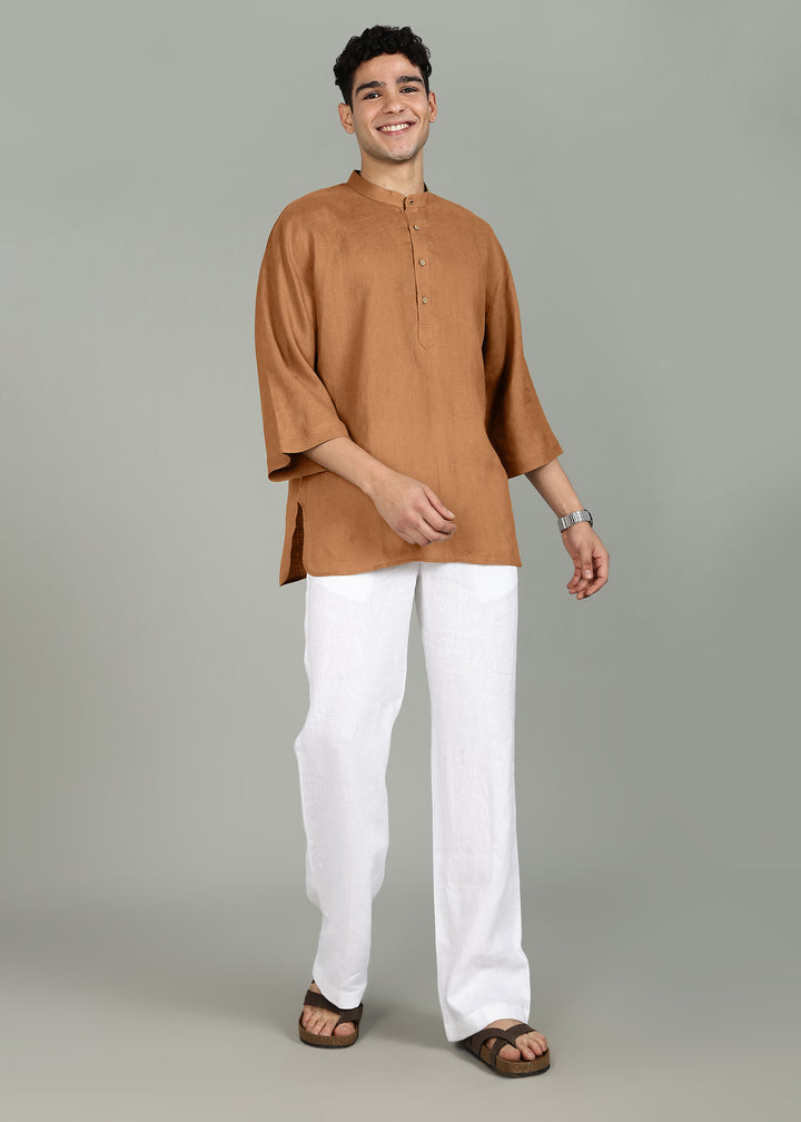 Sora - Three Quarter Sleeve Pure Linen Short Kimono Kurta - Mustard Brown
