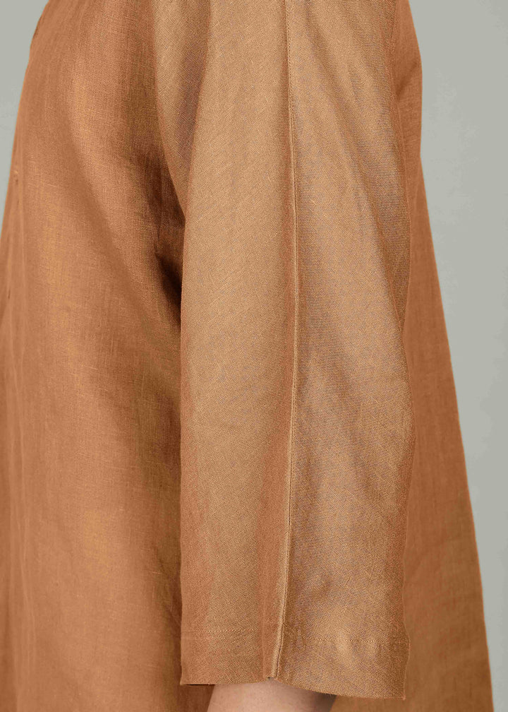 Sora - Three Quarter Sleeve Pure Linen Short Kimono Kurta - Mustard Brown