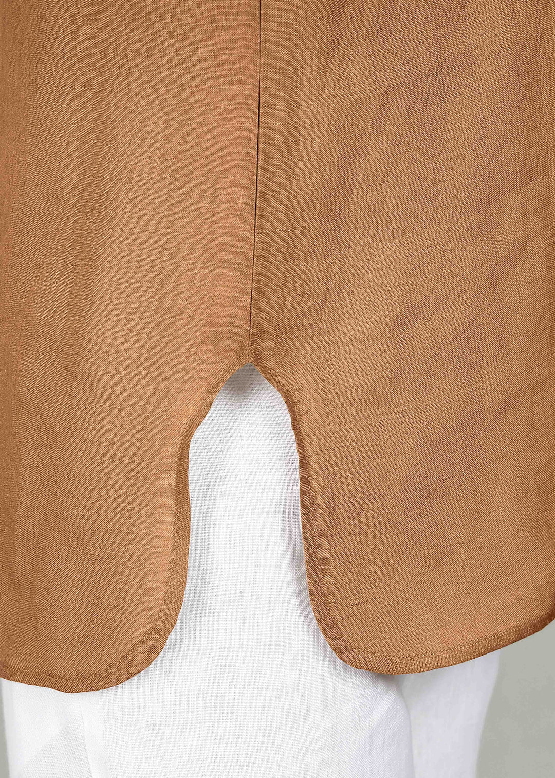 Sora - Three Quarter Sleeve Pure Linen Short Kimono Kurta - Mustard Brown