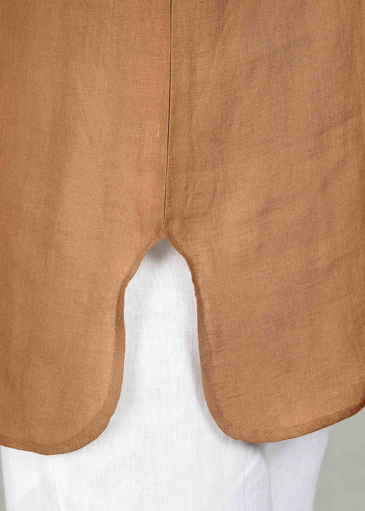Sora - Three Quarter Sleeve Pure Linen Short Kimono Kurta - Mustard Brown
