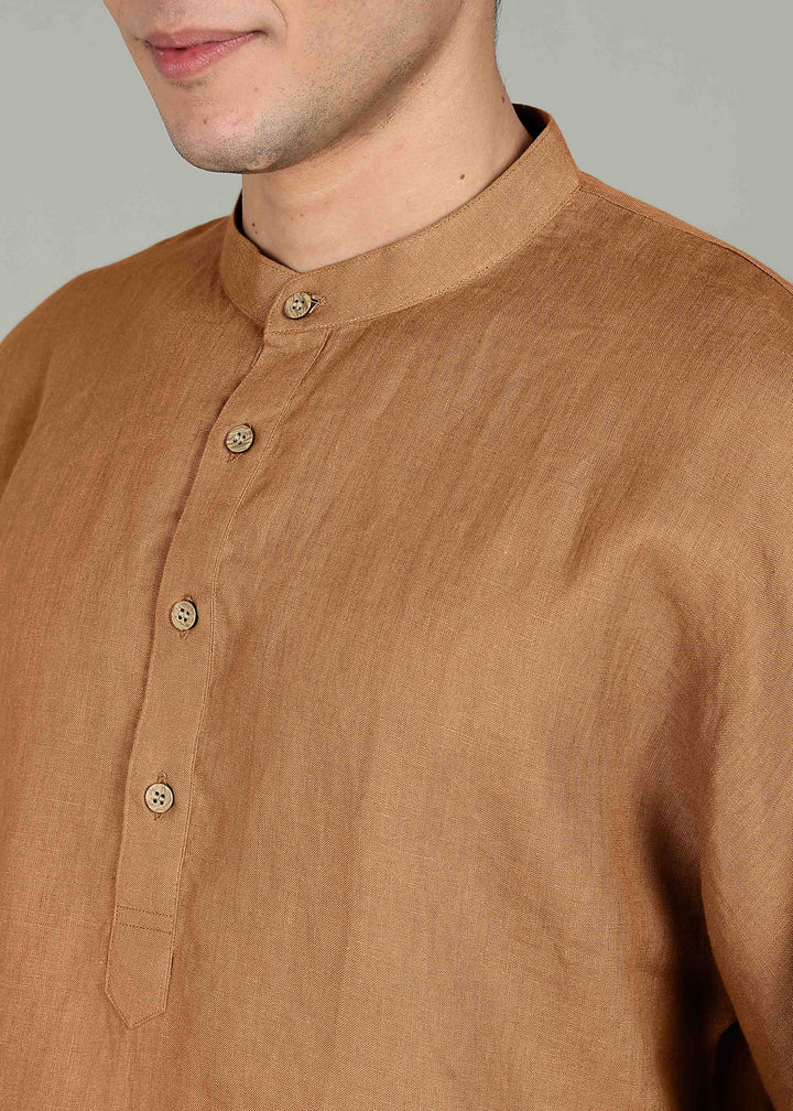 Sora - Three Quarter Sleeve Pure Linen Short Kimono Kurta - Mustard Brown