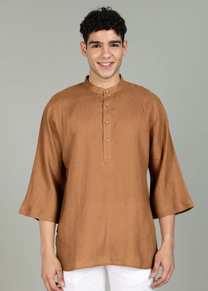 Sora - Three Quarter Sleeve Pure Linen Short Kimono Kurta - Mustard Brown