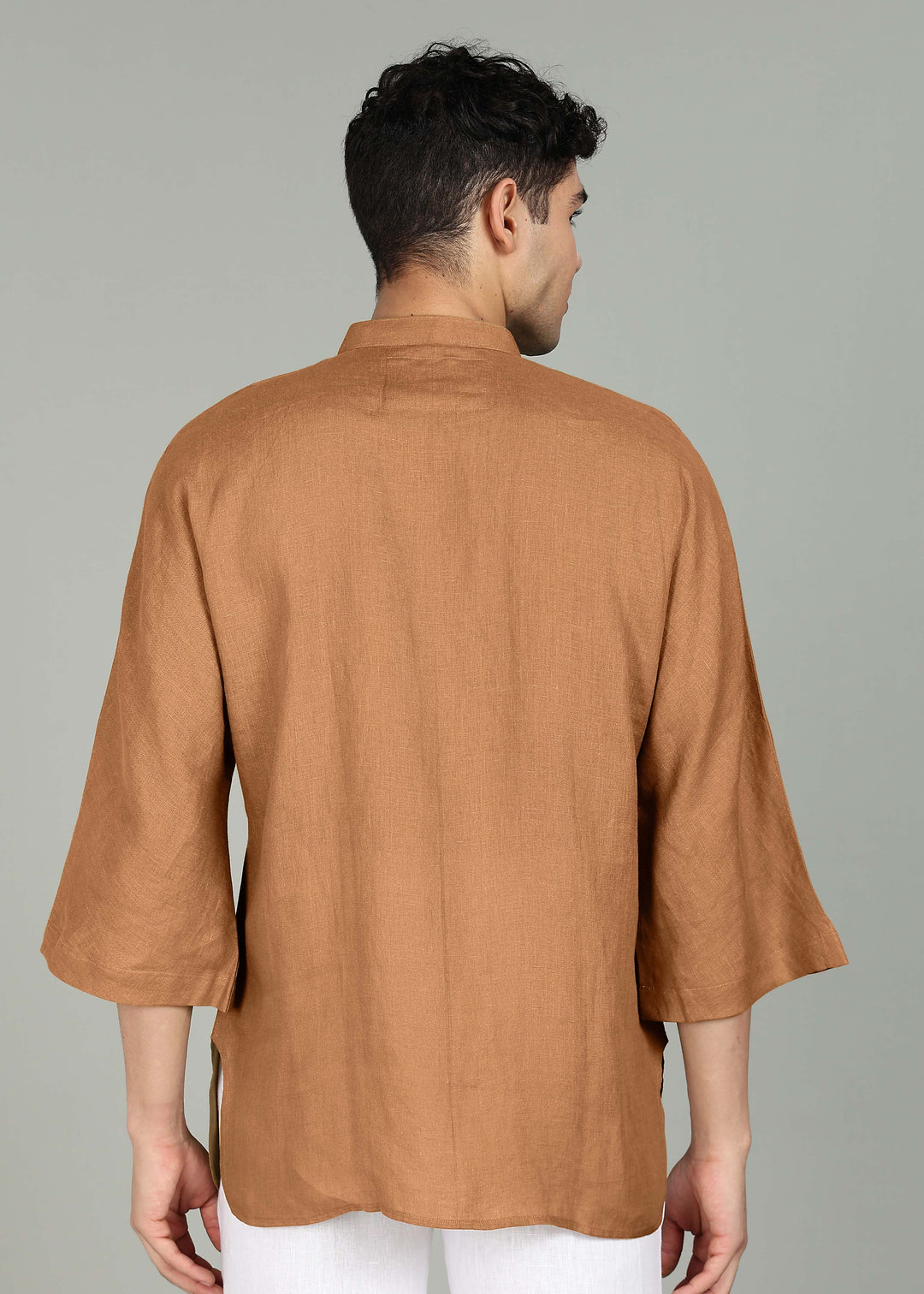 Sora - Three Quarter Sleeve Pure Linen Short Kimono Kurta - Mustard Brown