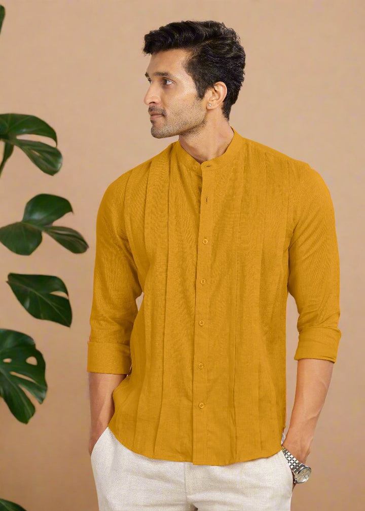 Stark - Pure Linen Full Sleeve Shirt With Band Collar & Space Tuck - Spicy Mustard