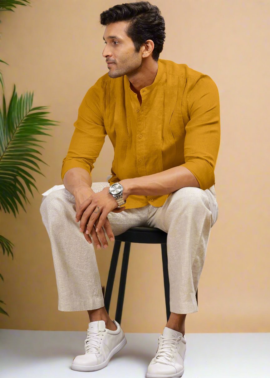 Stark - Pure Linen Full Sleeve Shirt With Band Collar & Space Tuck - Spicy Mustard