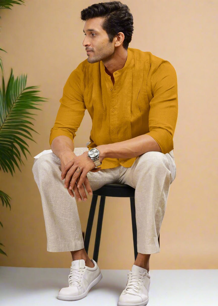 Stark - Pure Linen Full Sleeve Shirt With Band Collar & Space Tuck - Spicy Mustard