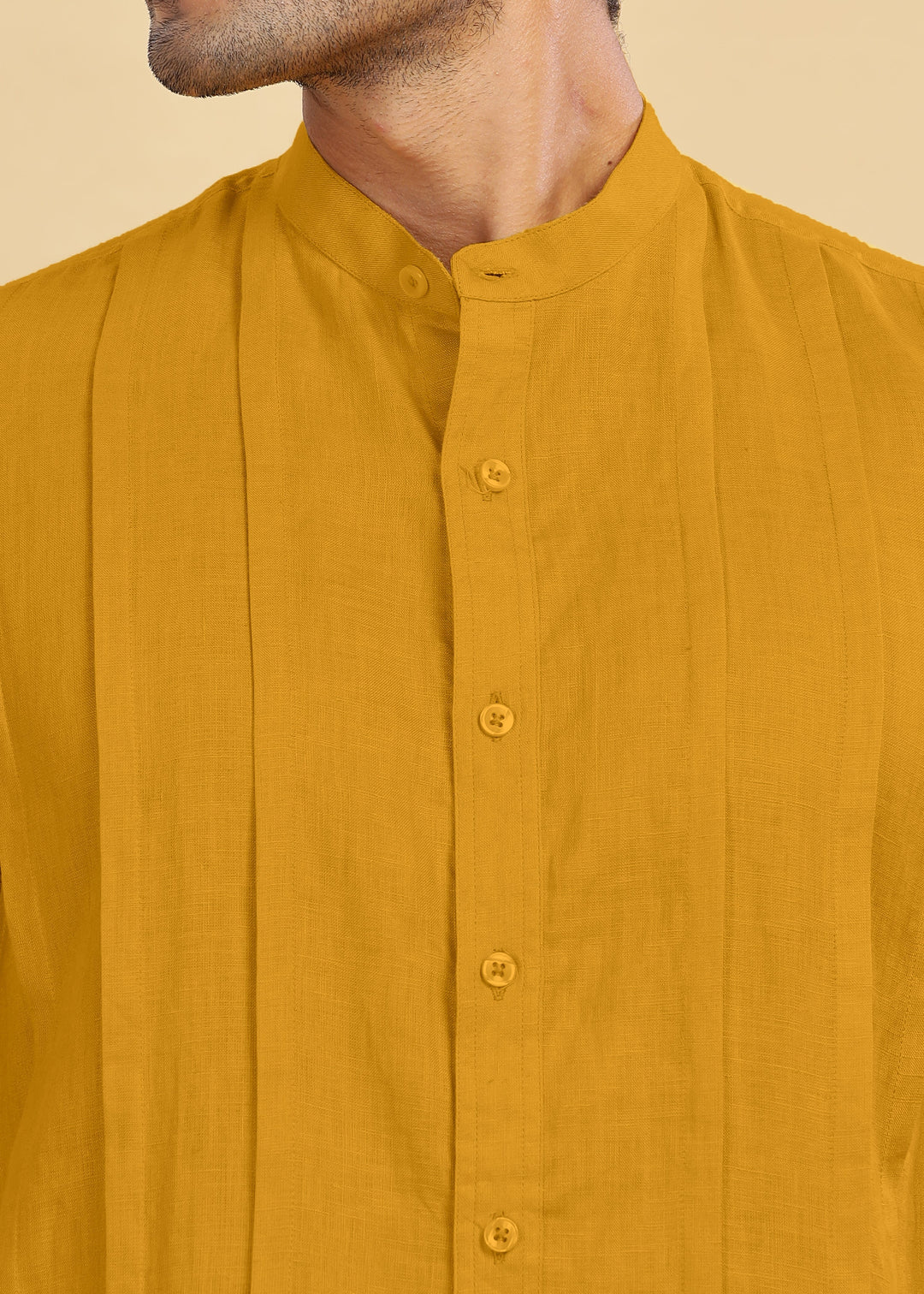 Stark - Pure Linen Full Sleeve Shirt With Band Collar & Space Tuck - Spicy Mustard