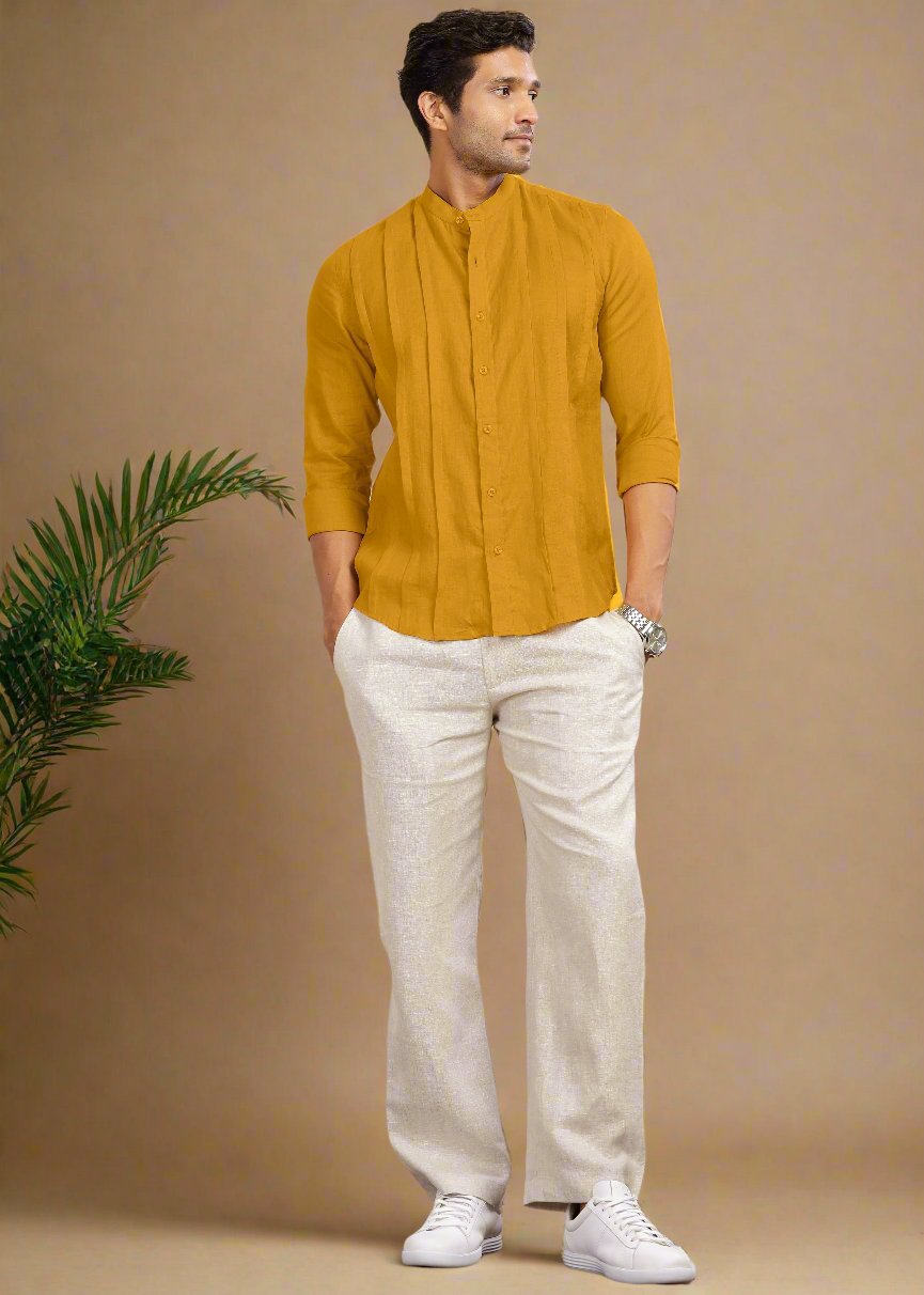 Stark - Pure Linen Full Sleeve Shirt With Band Collar & Space Tuck - Spicy Mustard